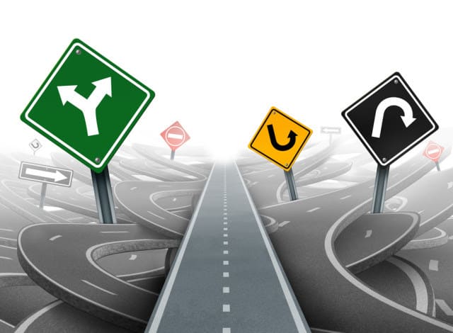 Avoiding distractions and clear strategy for solutions in business leadership with a straight path to success choosing the right strategic plan with yellow green black and red traffic signs through a maze of highways.